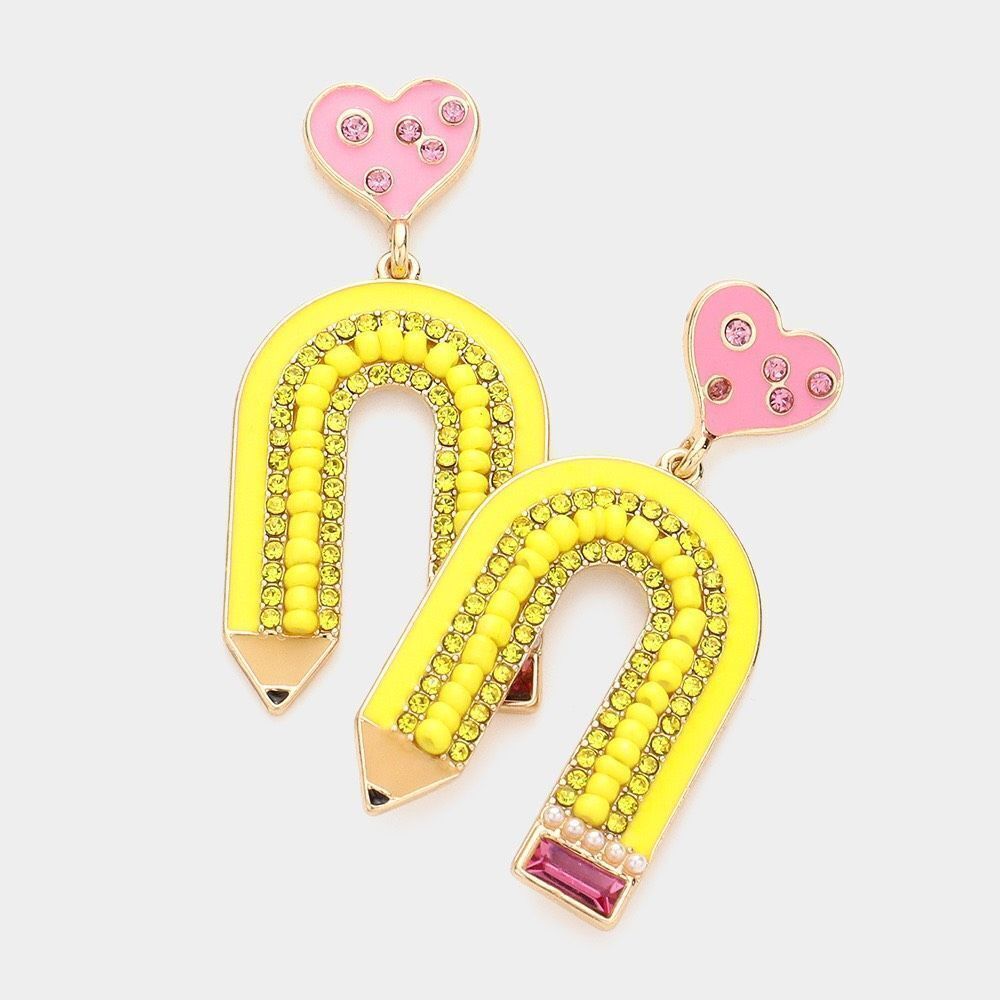 New Womens Boutique Stone Pencil Heart School Rules Embellished Earrings